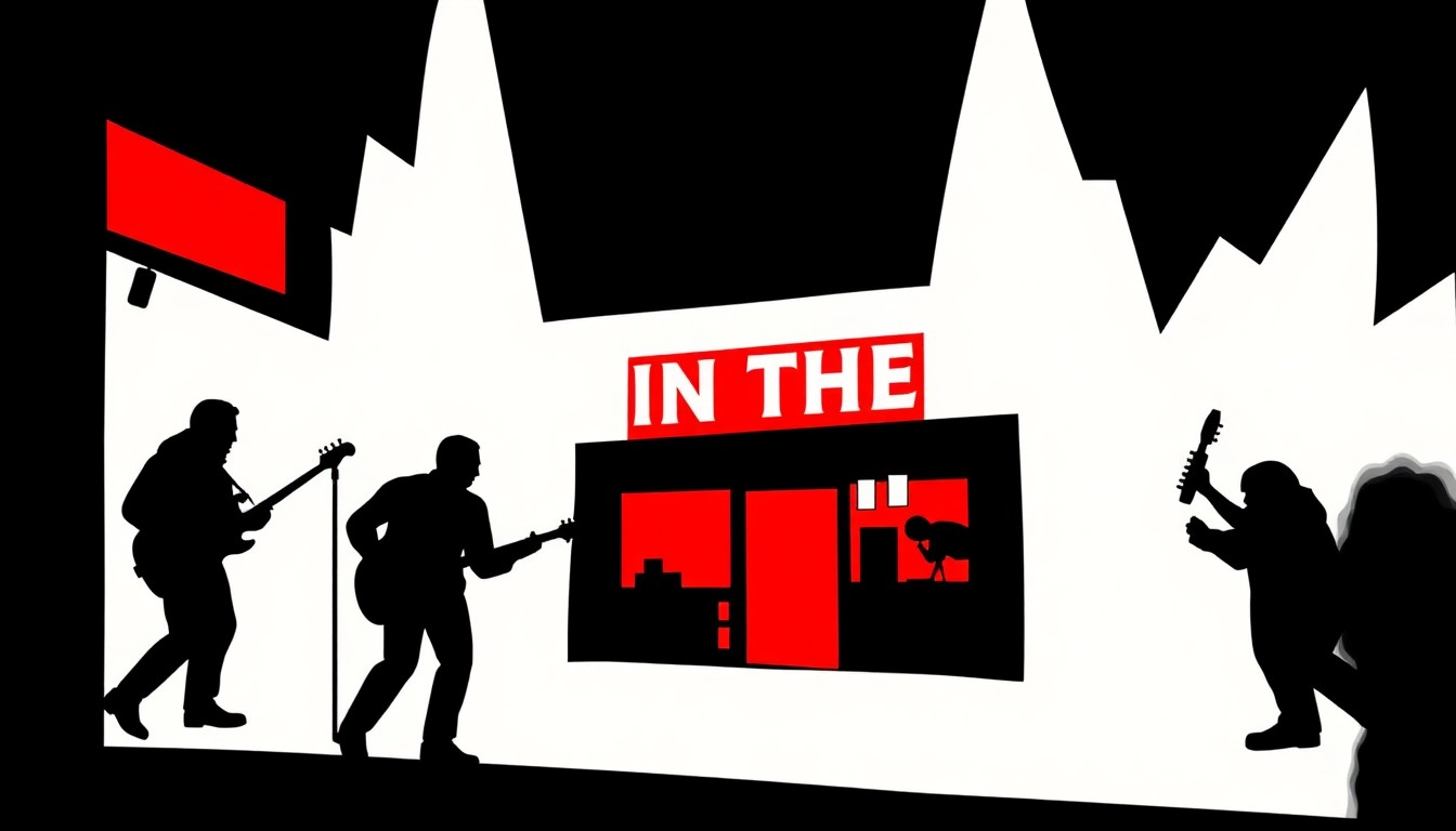 An abstract, minimalist composition featuring bold, jagged shapes in striking red and white, conceptually representing the iconic Hole in the Wall dive bar and the preservation of Austin