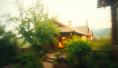 An extremely blurred and abstracted image composed of soft, warm tones and hazy, out-of-focus shapes, conceptually representing the cozy, rustic ambiance and natural beauty of the luxury Austin estate.