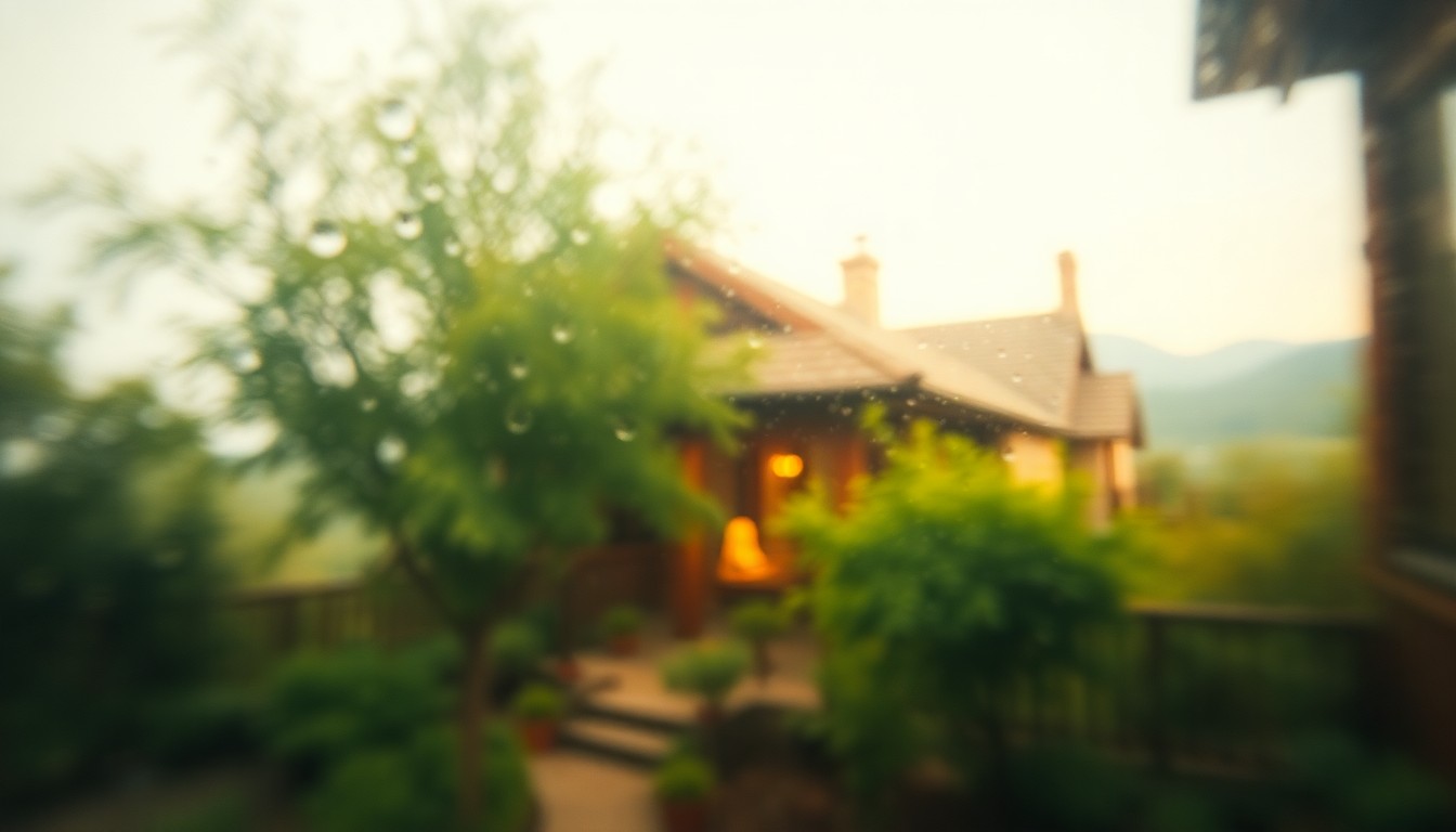 An extremely blurred and abstracted image composed of soft, warm tones and hazy, out-of-focus shapes, conceptually representing the cozy, rustic ambiance and natural beauty of the luxury Austin estate.
