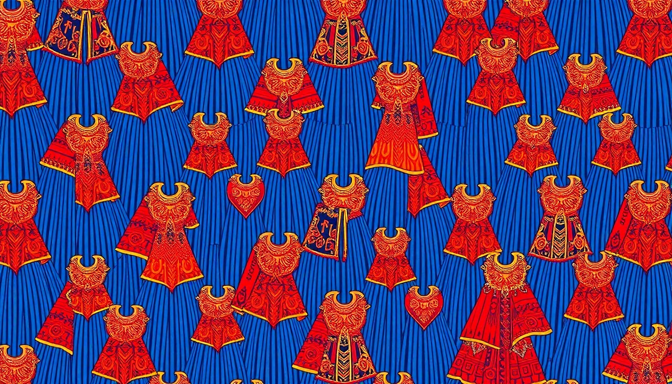 A bold, colorful silkscreen print featuring a repeating pattern of an ornate, textured coronation gown, capturing the vibrant textile art and community celebration of the San Antonio Lutheran Coronation event.