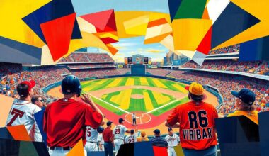 A fragmented, geometric painting depicting a baseball game in motion, with overlapping planes of color representing the players and field. The abstract style captures the intensity and volatility of the Texas Tech-West Virginia series.