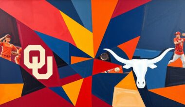 A fractured, multi-perspective painting in the style of Pablo Picasso, breaking a softball game between two teams down into sharp, overlapping geometric planes in a vibrant color palette.