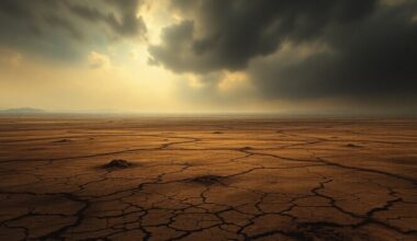 A sweeping, atmospheric landscape painting in muted tones of brown and grey, with a vast, cracked and parched earth stretching out under a hazy, oppressive sky, conveying the overwhelming scale and impact of the drought on the region.
