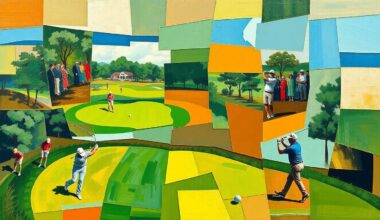 A fragmented, geometric painting depicting a golf tournament scene, with the players
