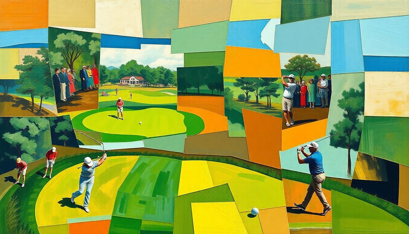 A fragmented, geometric painting depicting a golf tournament scene, with the players