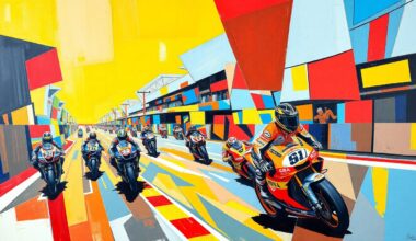 A cubist-style painting depicting a fragmented, geometric interpretation of a MotoGP race scene, with sharp planes of color and overlapping perspectives conveying the unpredictable drama of the sport.