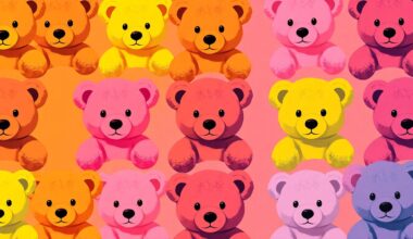 A vibrant, high-contrast silkscreen print featuring a teddy bear toy repeated in a grid pattern, rendered in a bold, neon color palette that transforms the everyday object into modern pop art.
