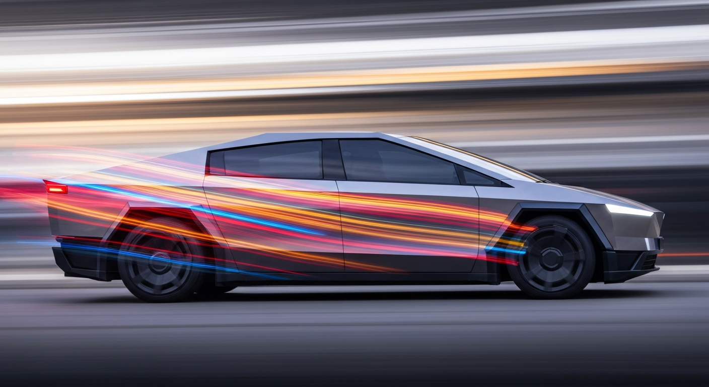 An abstract, colorful image with sweeping brushstrokes of vibrant hues, representing the dynamic motion and advanced engineering of a Tesla Cybercab autonomous vehicle.