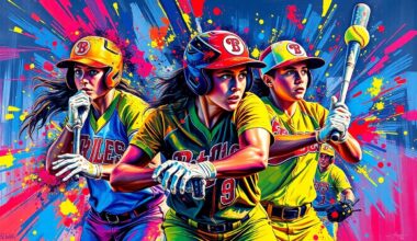 An abstract, expressionist painting in vibrant neon colors depicting the dynamic motion and energy of a softball game, with players