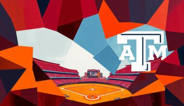 A cubist, geometric painting depicting a baseball game in motion, with overlapping planes of orange, maroon, and navy blue representing the competing teams and the unfinished nature of the rivalry matchup.