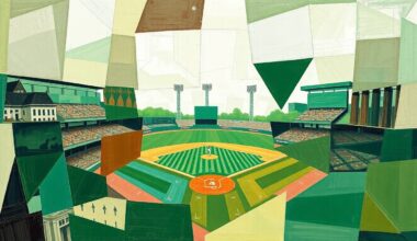 A cubist, geometric painting depicting the dynamic action of a college baseball game, with sharp planes of green, brown, and white overlapping to create a sense of movement and energy.