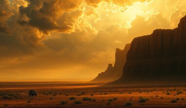 A vast, atmospheric landscape painting depicting the overwhelming scale of the Lubbock, Texas summer heat, with physical structures and vehicles dwarfed by the dramatic, sweeping vistas of the scorching environment.