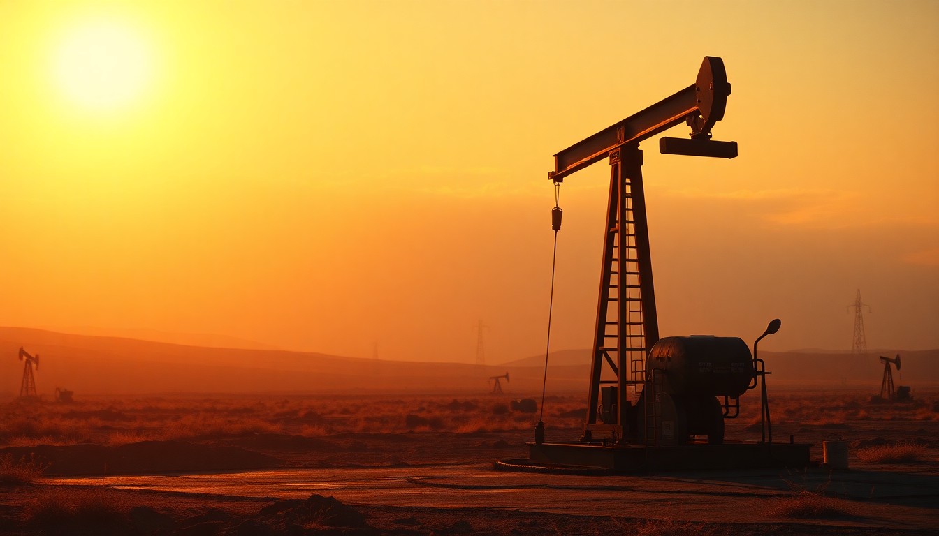 A serene, cinematic painting of a lone oil pump in a rural landscape, with warm light and deep shadows creating a contemplative, nostalgic mood that reflects the political and economic tensions at the heart of the proposed border expansion.
