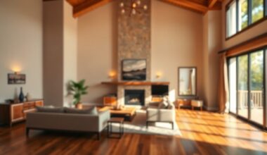 A softly blurred, out-of-focus photograph in warm, earthy tones depicting an elegant, modern living room with wood floors, high ceilings, and a cozy fireplace, conceptually representing the luxurious and inviting atmosphere of the Plano property.