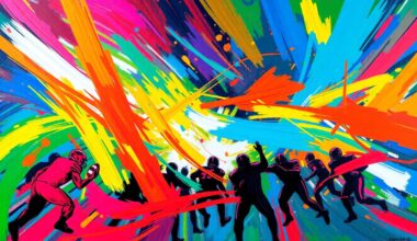 An abstract, expressionist painting in vibrant neon colors, featuring bold, swirling shapes and textures that capture the high-stakes competition and financial forces of college football recruiting.