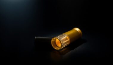 An extreme close-up photograph of a single bullet casing lying on a dark surface, conceptually illustrating the aftermath of an accidental shooting incident.