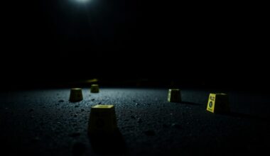 An extreme close-up photograph of several small, numbered evidence markers on the ground, casting dramatic shadows under harsh flash lighting, conceptually illustrating the investigation of a serious crime scene.