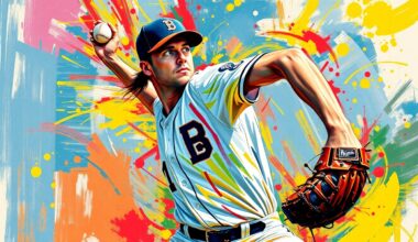 An abstract expressionist painting featuring bold, energetic brushstrokes in neon colors that capture the dynamic motion and raw power of a baseball pitcher in action, with the player