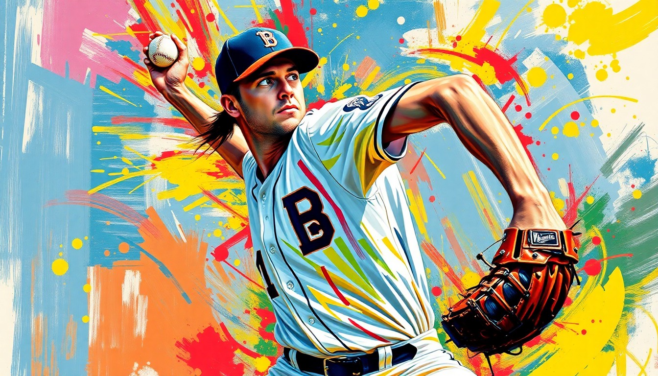 An abstract expressionist painting featuring bold, energetic brushstrokes in neon colors that capture the dynamic motion and raw power of a baseball pitcher in action, with the player