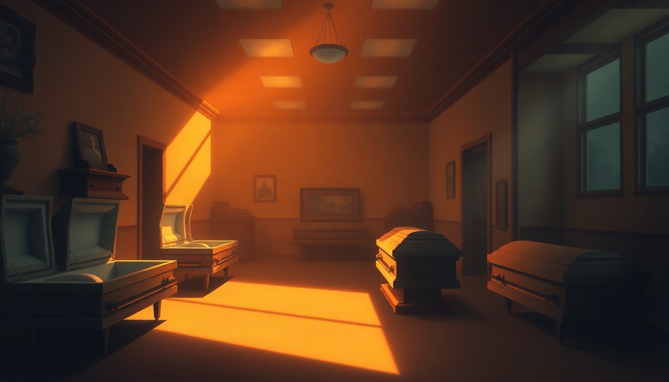 A dimly lit, cinematic interior scene of a funeral home showroom, with a single casket bathed in warm, golden light and surrounded by deep shadows, conveying a sense of quiet contemplation and the weight of regulatory oversight.