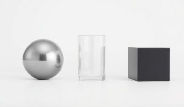 A minimalist studio still life featuring a polished metal sphere, a smooth glass cylinder, and a sleek black cube arranged elegantly on a clean white background, representing the advanced technology and materials science behind HydroGraph