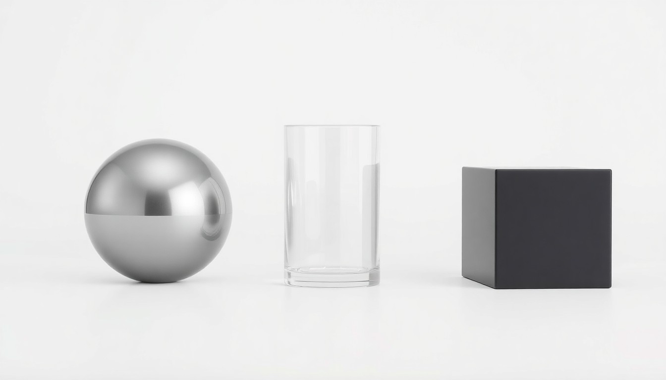 A minimalist studio still life featuring a polished metal sphere, a smooth glass cylinder, and a sleek black cube arranged elegantly on a clean white background, representing the advanced technology and materials science behind HydroGraph