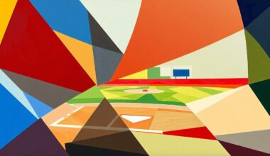 A fragmented, geometric painting depicting the dynamic action of a high school softball game, with the players and field broken down into sharp, overlapping planes of color.