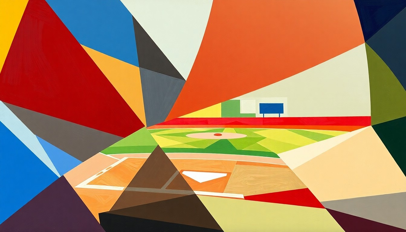 A fragmented, geometric painting depicting the dynamic action of a high school softball game, with the players and field broken down into sharp, overlapping planes of color.