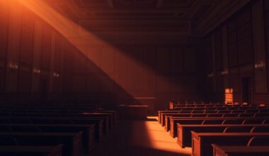 A dimly lit, cinematic painting of an empty city council chamber, with warm sunlight streaming through the windows and deep shadows covering the room, creating a sense of quiet political drama and unease.
