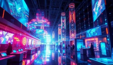 A futuristic, neon-lit illustration of a technology expo hall filled with holographic displays, floating screens, and pulsing data streams, conveying a sense of energy and technological progress.