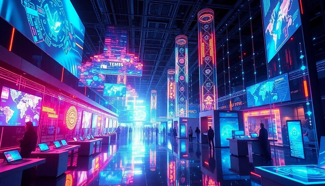 A futuristic, neon-lit illustration of a technology expo hall filled with holographic displays, floating screens, and pulsing data streams, conveying a sense of energy and technological progress.
