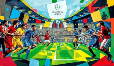 A cubist-style painting depicting a fragmented, multi-angled view of a Champions League soccer match, with the players