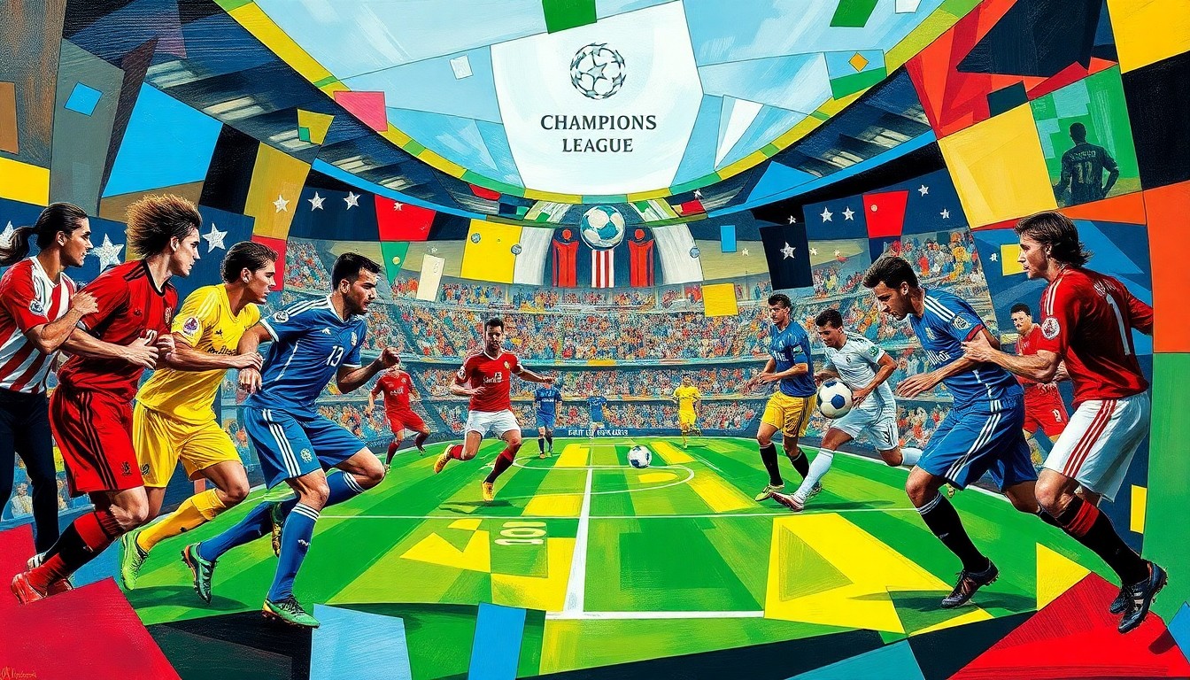 A cubist-style painting depicting a fragmented, multi-angled view of a Champions League soccer match, with the players