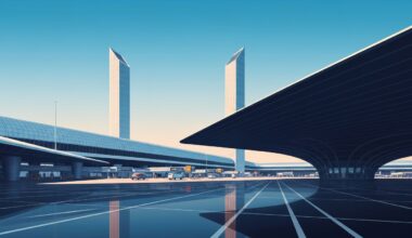 A bold, geometric illustration depicting the imposing scale and sleek architecture of an airport terminal, conveying the sense of preparedness and coordination behind the emergency exercise.