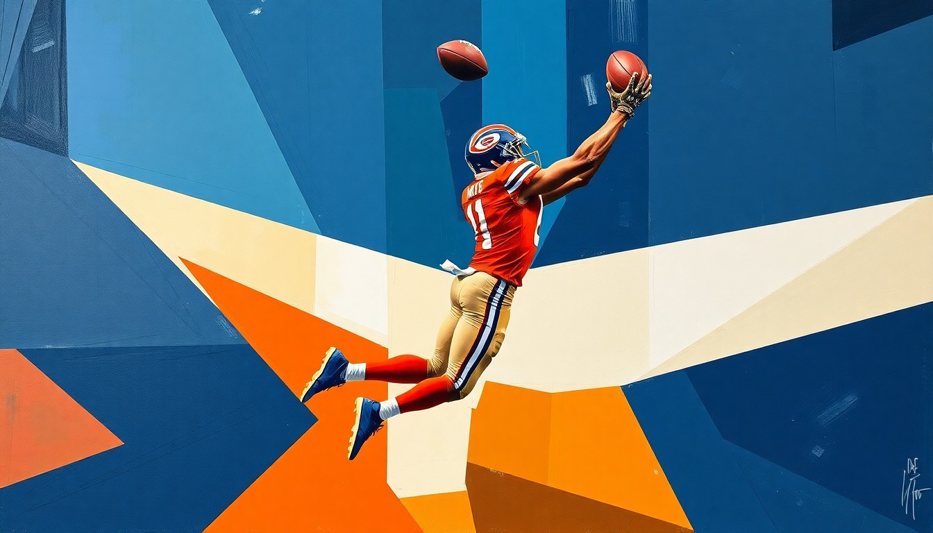 A fragmented, geometric painting depicting the explosive movements of a wide receiver making a vertical catch, with sharp planes of burnt orange, navy blue, and white.
