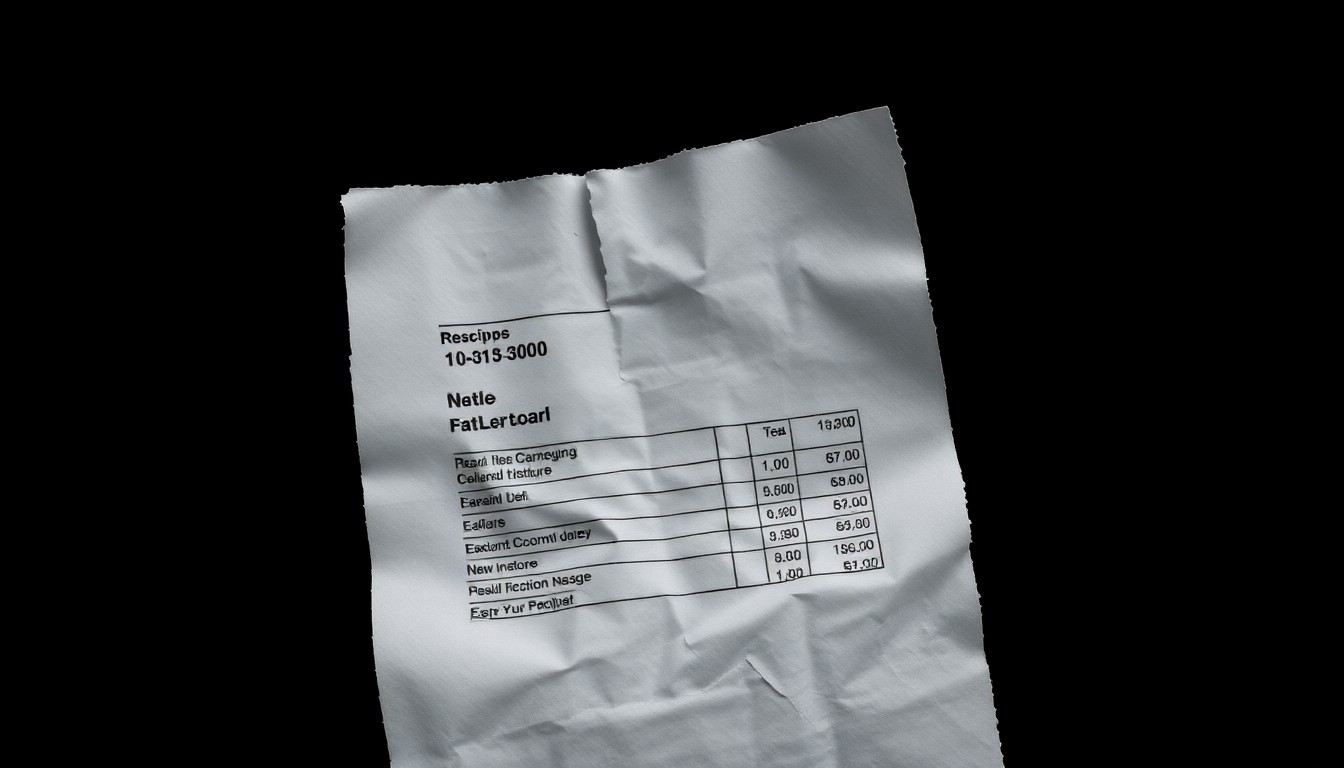 An extreme close-up photograph of a crumpled, torn receipt or invoice, conceptually representing the financial exploitation of elderly victims in home repair scams.