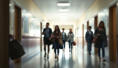 A hazy, impressionistic scene of a school hallway, with blurred figures of teachers and students moving through the space, conveying a sense of transition and disruption.