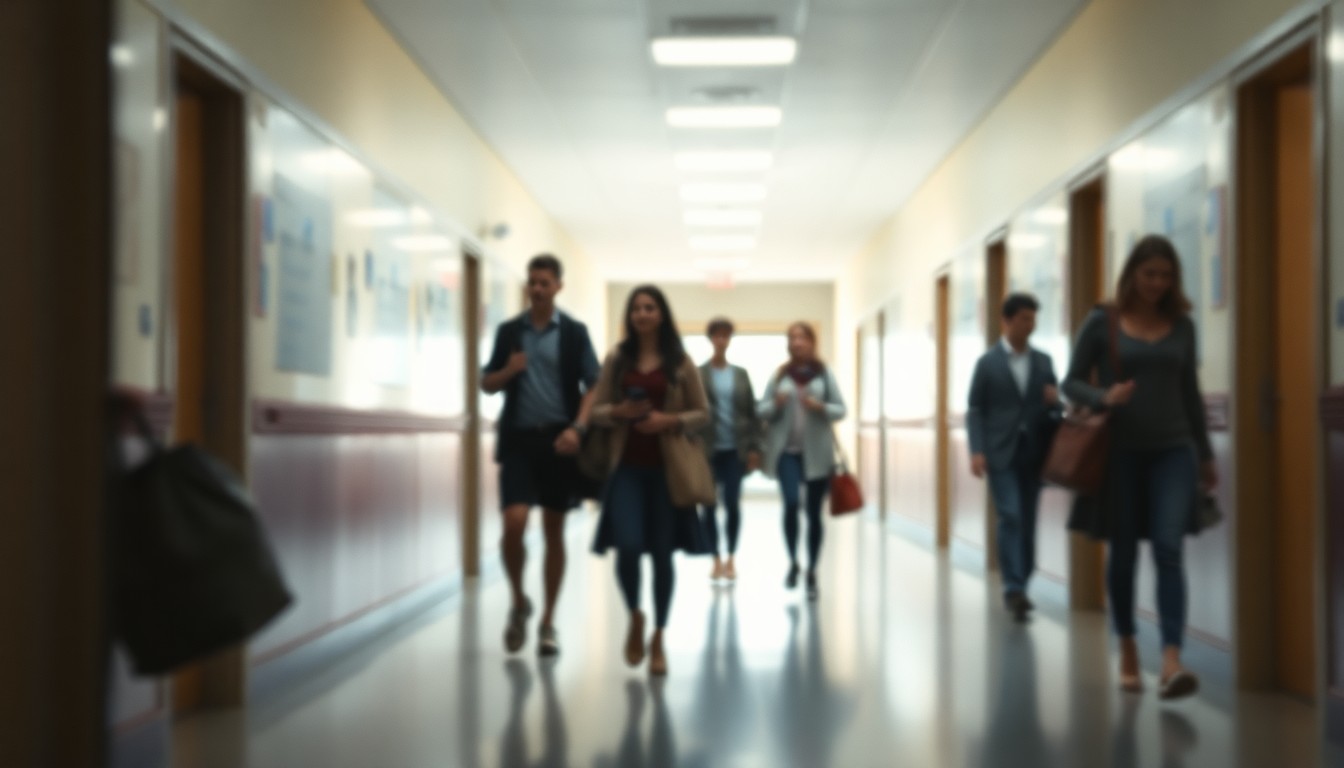 A hazy, impressionistic scene of a school hallway, with blurred figures of teachers and students moving through the space, conveying a sense of transition and disruption.