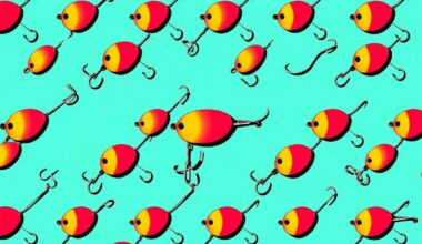 A highly stylized, abstract grid of brightly colored fishing lures or bobbers in neon shades of blue, green, and orange, conceptually representing the surprise and excitement of an unusual catch.