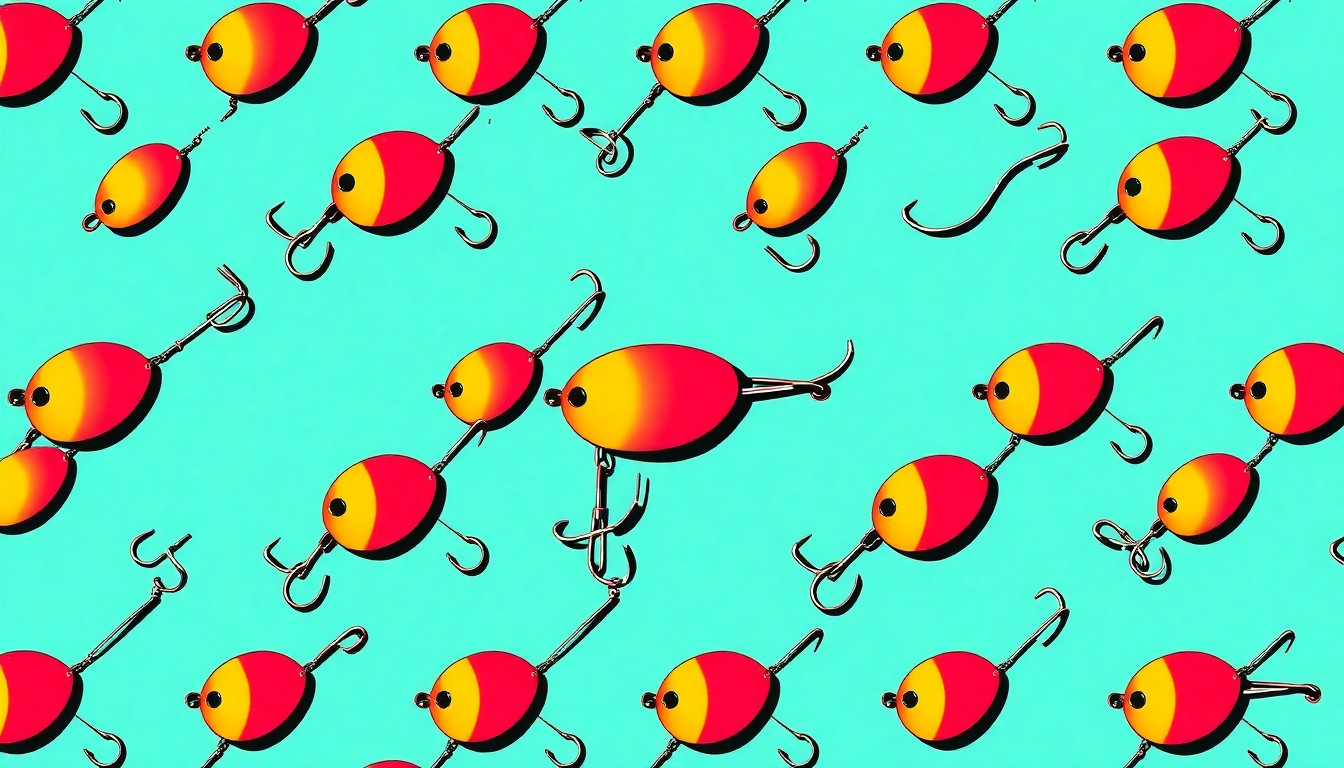 A highly stylized, abstract grid of brightly colored fishing lures or bobbers in neon shades of blue, green, and orange, conceptually representing the surprise and excitement of an unusual catch.