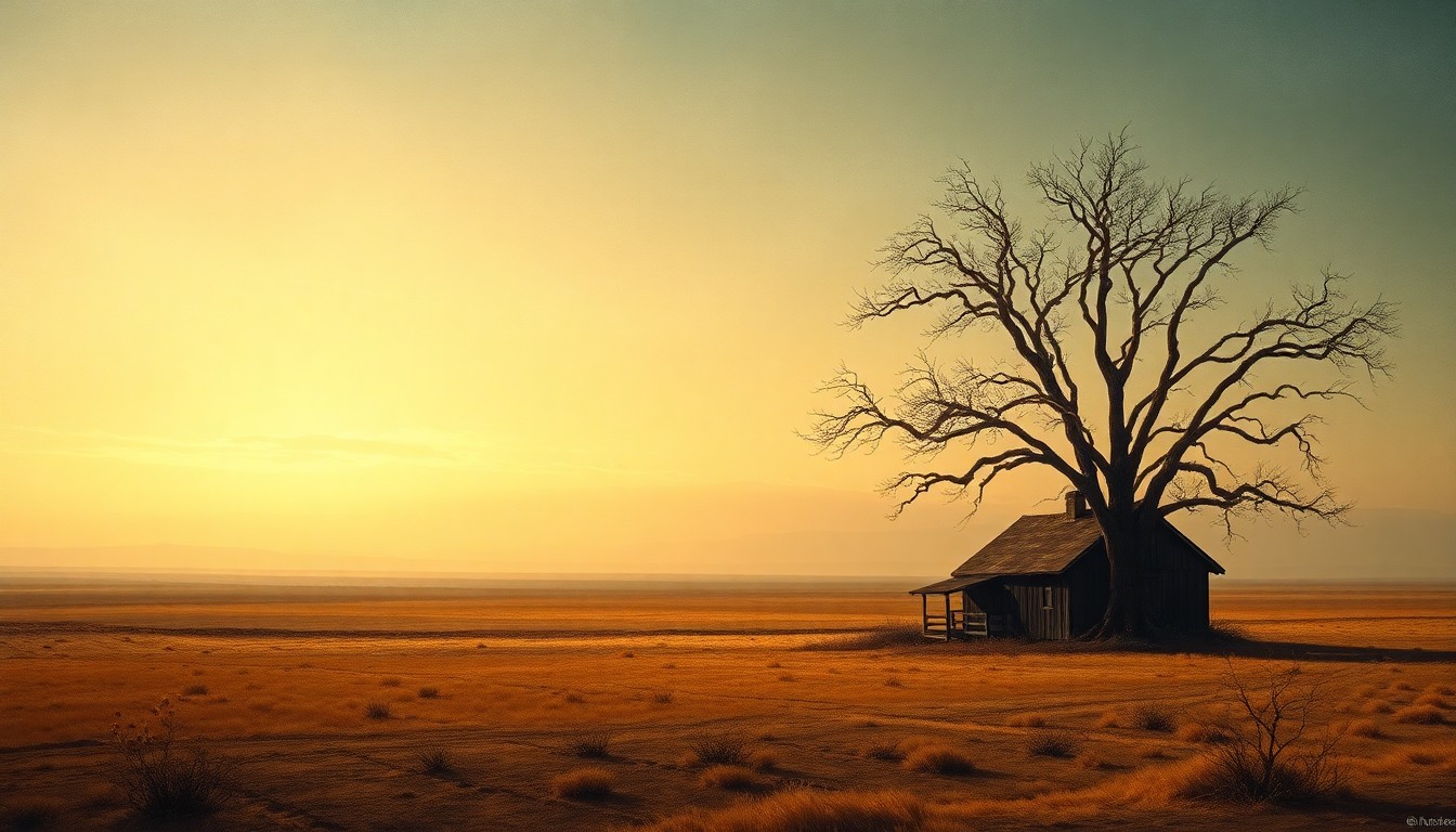 A vast, hazy landscape painting in muted earth tones, with a lone, desiccated tree or farmhouse structure dwarfed by the expansive, dramatic sky, conveying the overwhelming power and sublime scale of the natural world during a severe drought.