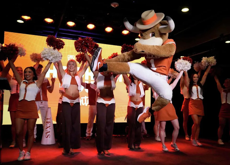 Hook ‘Em fires up the crowd at The Hook ‘Em House at Antone’s during SXSW on Friday, March 8, 2024. UT-Austin took over Antone’s for two days of live music, expert panels and Longhorn pride. (Jay Janner / American-Statesman)