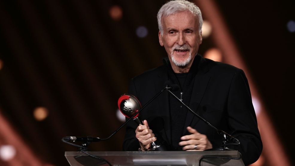 LAS VEGAS, NEVADA - APRIL 16: James Cameron, recipient of the Cinema United Spirit of the Industry Award, speaks during the CinemaCon Big Screen Achievement Awards at Caesars Palace on April 16, 2026, in Las Vegas, Nevada. (Photo by Greg Doherty/Getty Images for Paramount Pictures)