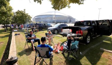 <div>ARLINGTON, TEXAS - SEPTEMBER 20: Fans tailgate in the parking lot before the Dallas Cowboys take on the Atlanta Falcons at AT&T Stadium on September 20, 2020 in Arlington, Texas. (Photo by Tom Pennington/Getty Images)</div>