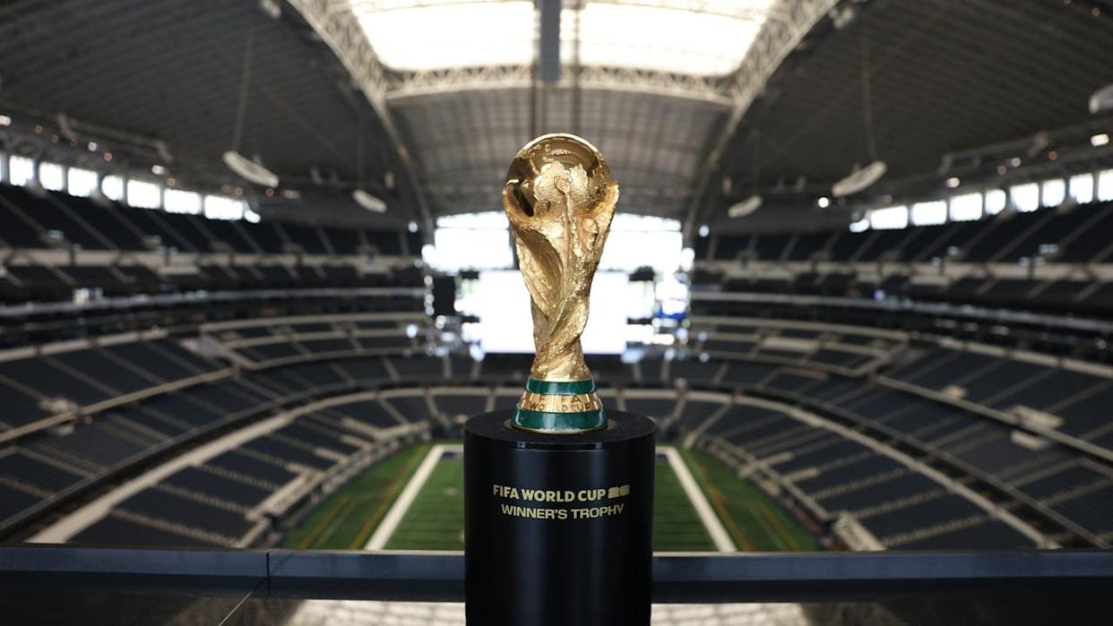 <div>DALLAS, TEXAS - AUGUST 7: FIFA World Cup Trophy is displayed at AT&T Stadium on August 7, 2024 in Dallas, Texas. (Photo by Omar Vega/FIFA via Getty Images)</div>