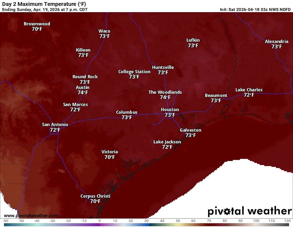 High temperatures in Texas on Sunday will be a few degrees below normal. (Pivotal)