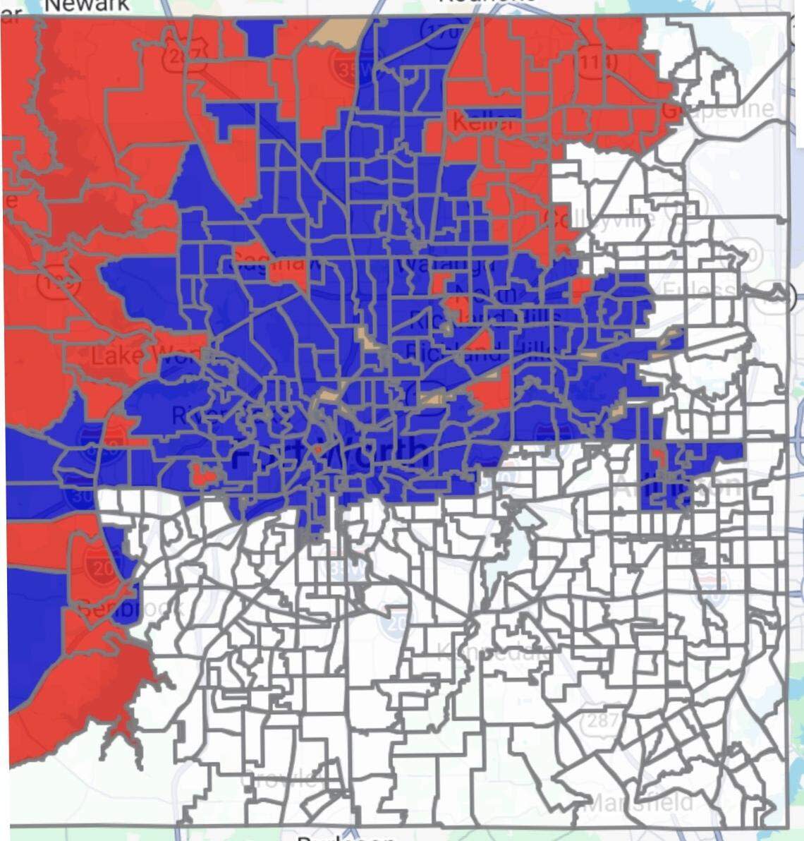 The map of the Texas Senate District 9 special election runoff shows Democrat Taylor Rehmet in blue, winning boxes across Tarrant County into Hurst and Bedford, and Republican Leigh Wambsganss winning Southlake, Keller, Westlake and much of northwest Tarrant County.