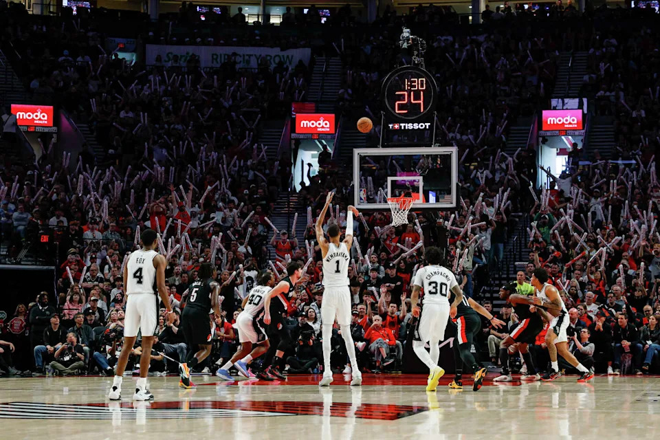San Antonio Spurs forward Victor Wembanyama (1) shoots a free-throw during the third quarter of Game 4 of a first-round NBA playoff series against the Portland Trail Blazers at Moda Center on Sunday, April 26, 2026. The Spurs won 114-93, leading the series 3-1. (Sam Owens/San Antonio Express-News)