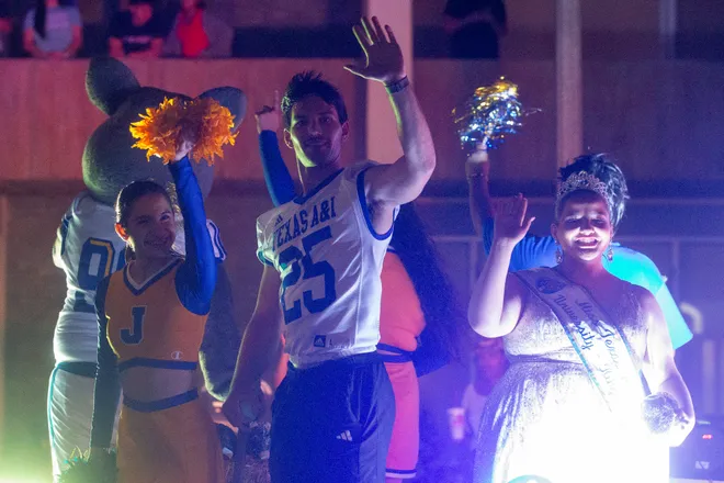 Texas A&M University-Kingsville's float makes its way down Schatzell Street at the annual Buc Days Rally Night Parade in downtown Corpus Christi on April 26, 2025.