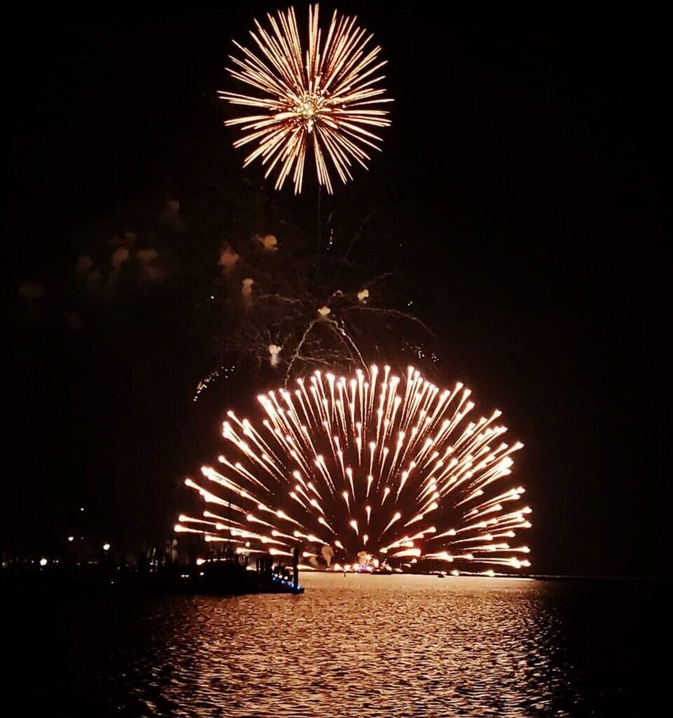 Fireworks at night over a bay